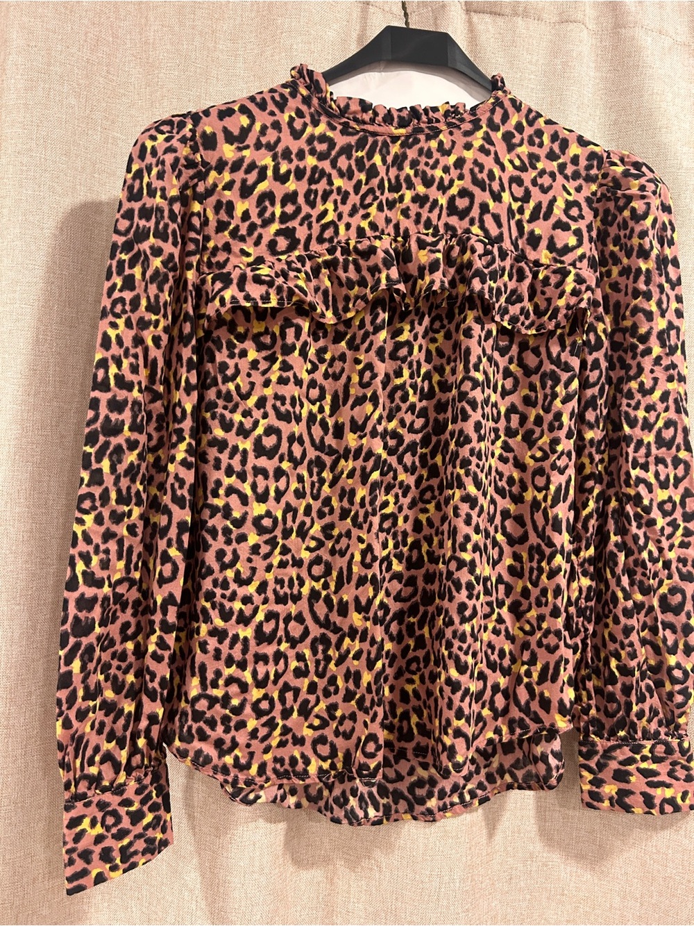 LOFT Pink and Yellow Leopard Print Ruffle Blouse